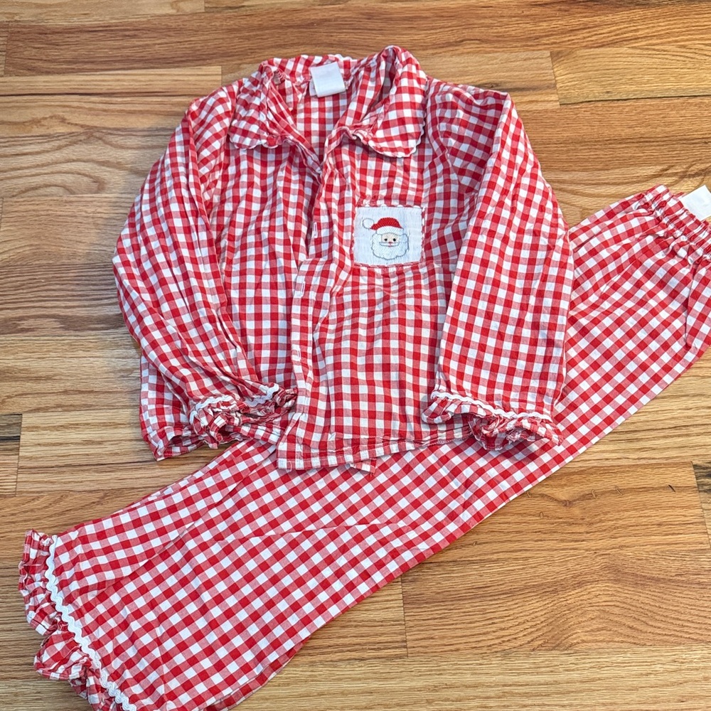 Festive Red Checkered Girls Ruffle Pajama Set with Santa Design